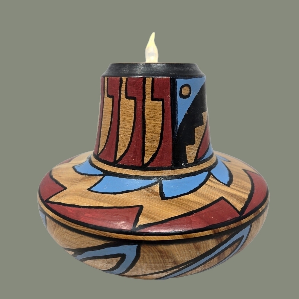 Native American Bob Walberg Hand Made & Painted Wooden Candle Holder Western